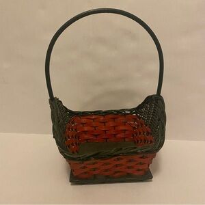 Festive Red & Green Wooden Woven Basket with Handle